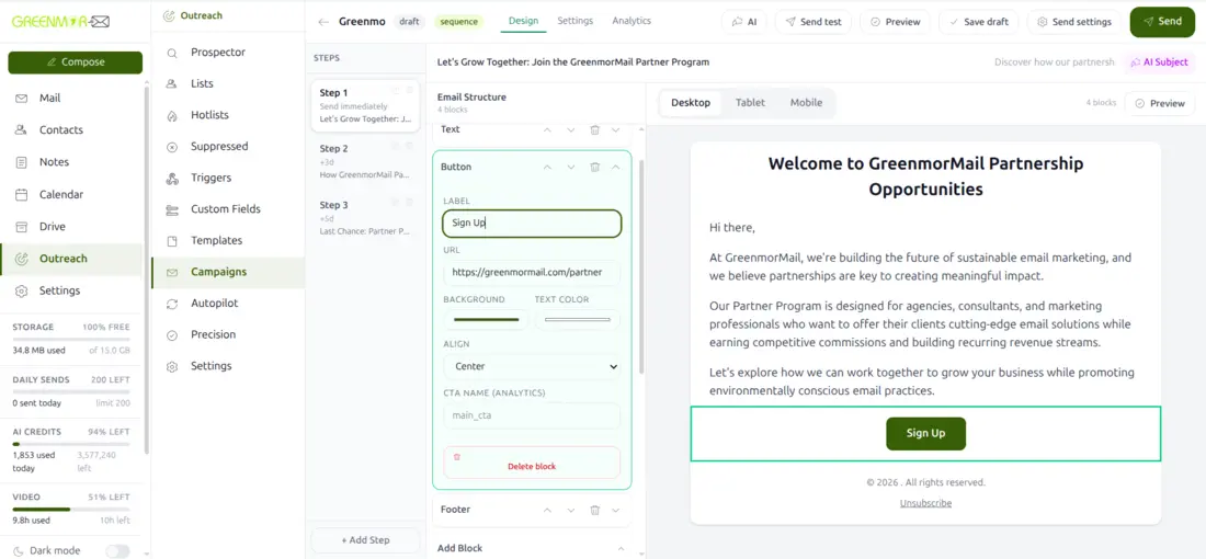 The campaign builder with a three-step sequence, block editor and live email preview