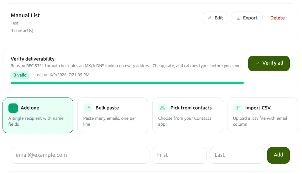List management with deliverability verification and four ways to add contacts