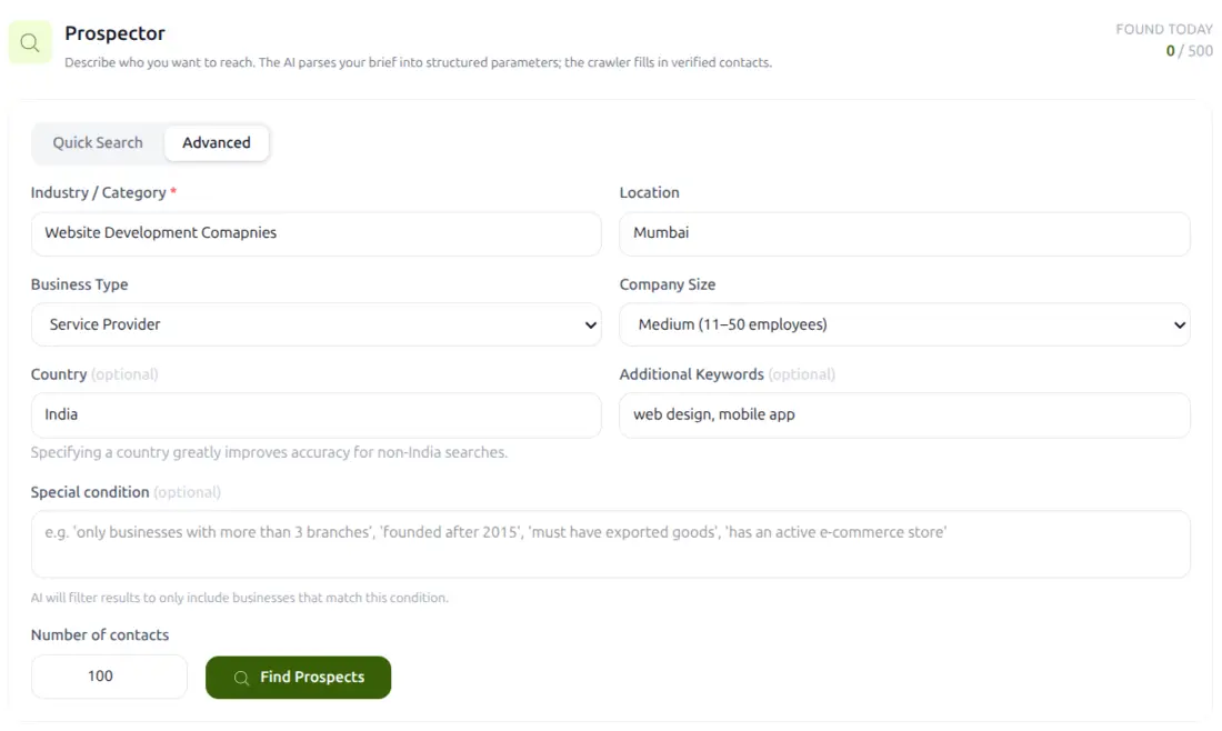 The Prospector screen, with fields for industry, location, business type and company size