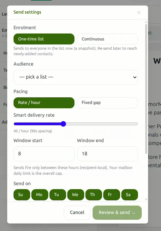 Send settings showing enrolment, pacing, smart delivery rate and the sending window