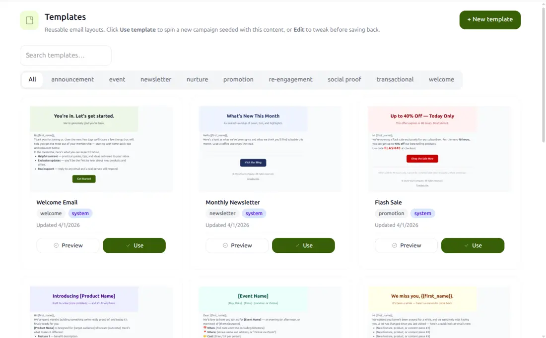 The template library, grouped by campaign type