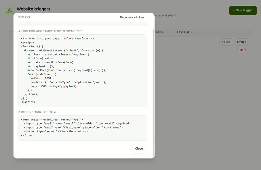 Creating a website trigger and the embed snippet it generates