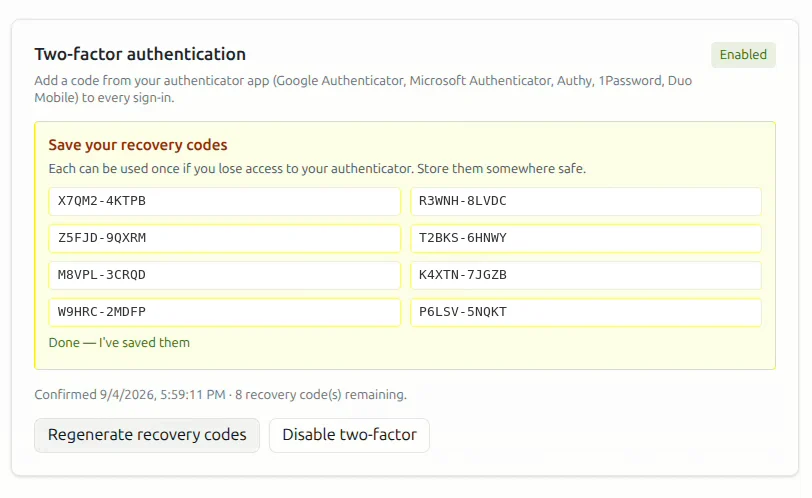 Eight single-use recovery codes shown after two-factor authentication is enabled, with options to regenerate them or disable two-factor
