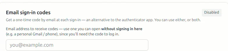 The email sign-in codes option, where a one-time code is sent to an address outside the mailbox