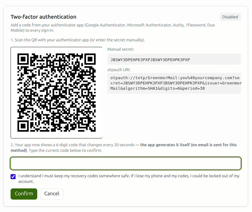 Two-factor setup in GreenmorMail settings, showing the QR code, the manual secret and the field for the six-digit confirmation code