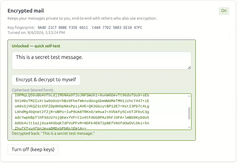 The encrypted mail self-test: a plain sentence, the resulting PGP ciphertext block, and the same sentence decrypted back
