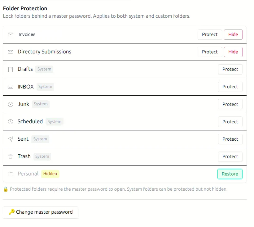 The folder protection list with protect and hide buttons for each folder, and one folder marked as hidden with a restore button
