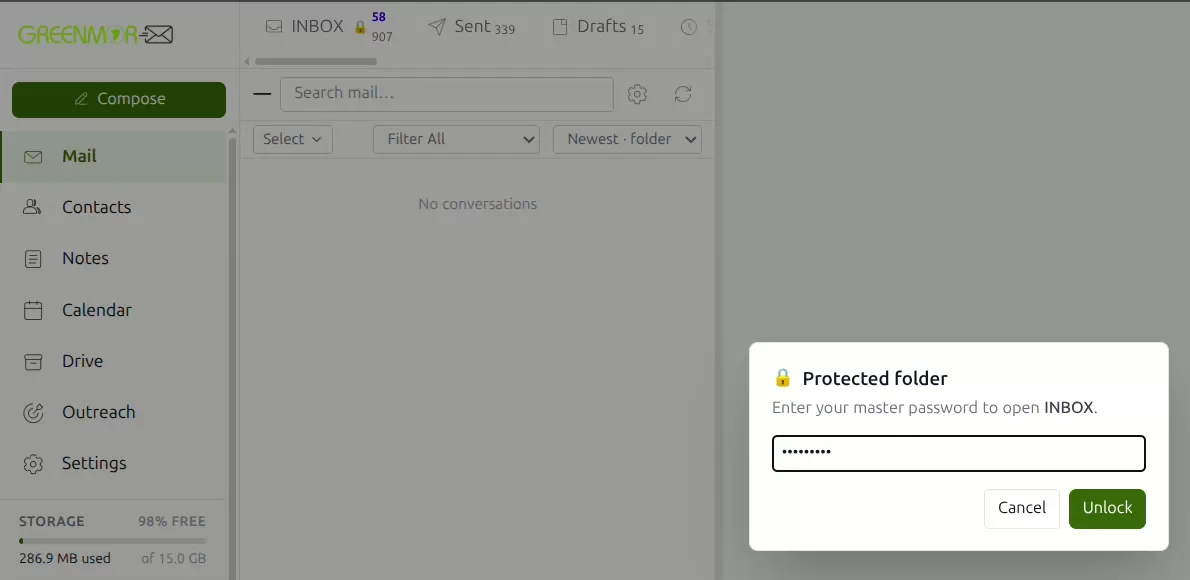 A protected inbox in GreenmorMail showing no conversations and a prompt for the master password before the mail will appear