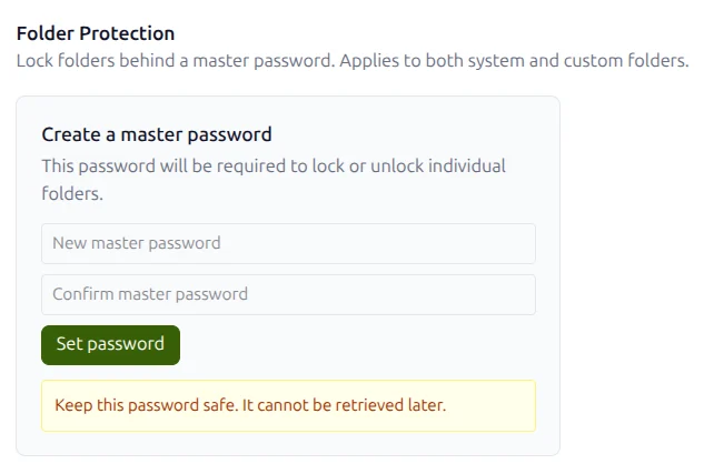 Creating the folder protection master password in GreenmorMail settings