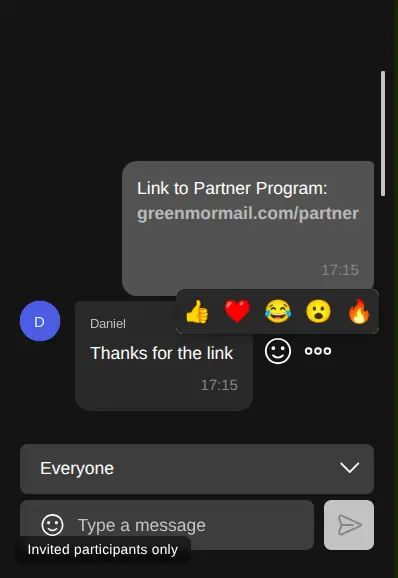 The in-meeting chat panel with a shared link, a reply, an emoji reaction picker, and a selector set to Everyone above the message box