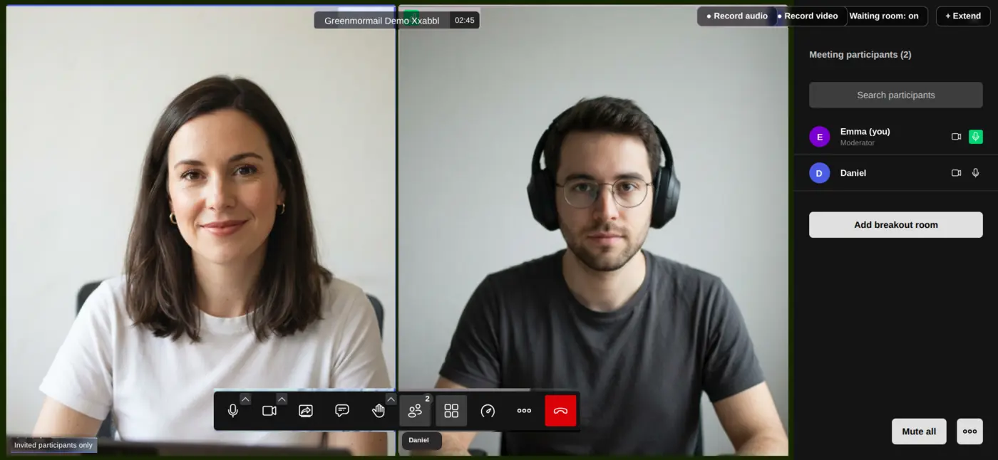 A GreenmorMail video meeting in progress with participant tiles, the chat panel and the meeting controls