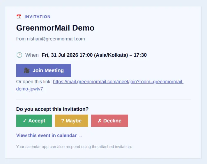 A GreenmorMail meeting invitation email with the date and time, a Join Meeting button, the meeting link below it, and Accept, Maybe and Decline buttons