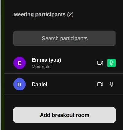 The meeting participants panel listing the moderator and one guest, each with camera and microphone controls, above an Add breakout room button