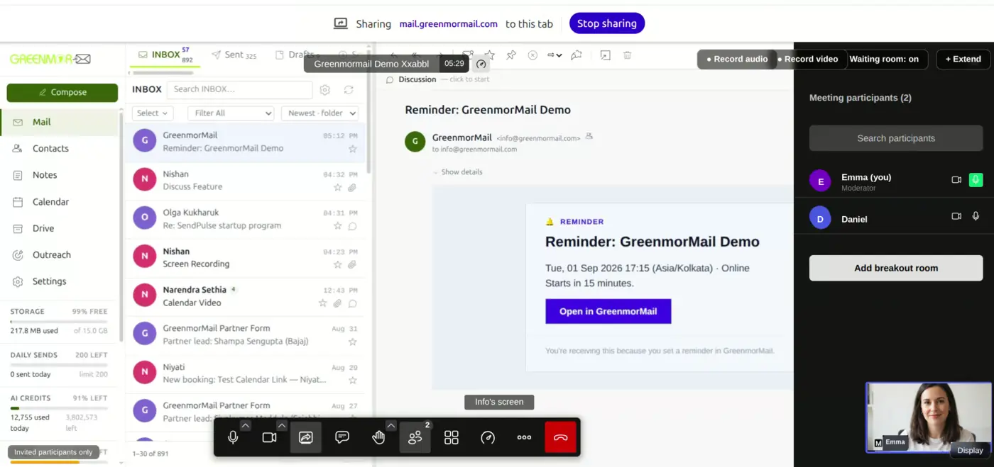 A GreenmorMail meeting while a screen is being shared, with the shared content filling the window and the presenter still visible in a small tile in the corner