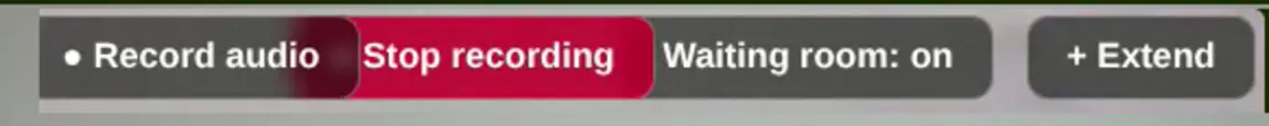 The meeting top bar with Record audio, a highlighted Stop recording button, the waiting room shown as on, and an Extend button