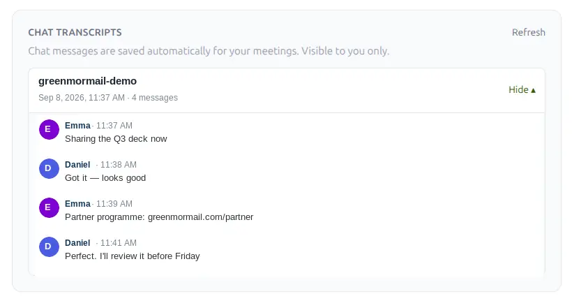 The chat transcripts panel in GreenmorMail settings, showing a saved meeting room with its date and four chat messages between two participants