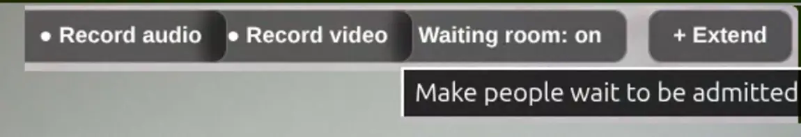 The meeting top bar showing the waiting room switched on, with a tooltip explaining that it makes people wait to be admitted